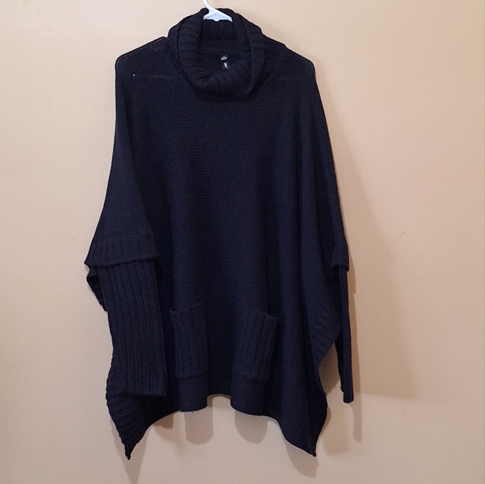 Design Lab Lord & Taylor Navy Cotton Blend Oversized Poncho Sweater